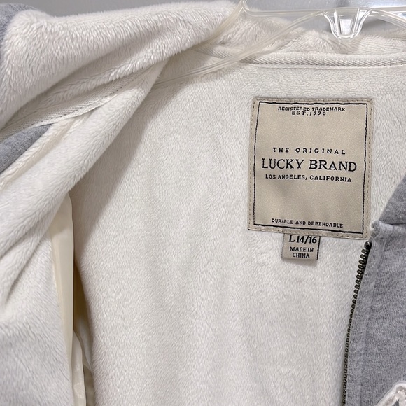 Lucky Brand Girls' Plush Lined Hoodie Jacket Gray L 14 / 16 Zipper Floral Beige - Picture 5 of 7
